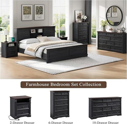 Yaamizz Farmhouse Dresser for Bedroom, 47" Tall 6 Drawer Dresser Storage with Wood Pilasters and Metal Handles, Vintage Design, Drawer Organizer for Bedroom, Hallway, Black