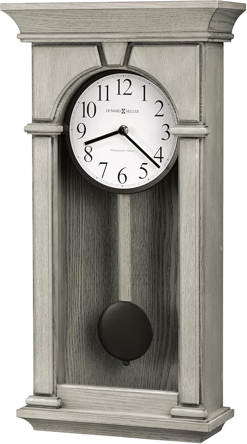 Howard Miller Mira Pendulum Wall Clock, White Analog Dial with Wooden Finish Wall Mount Single-Chime Movement, Metallic Bob Battery Operated Perfect Wall Clock for Home Decor, Living Room & Office