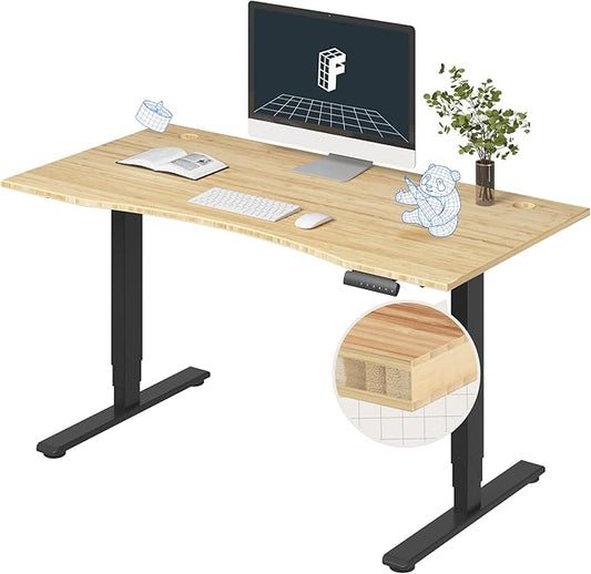FlexiSpot E6 Bamboo 3-Stage Dual Motor Electric Standing Desk 55 x 28 Sit Stand Up Desk, Holds 220 lbs, Adjustable Height w/ Memory Presets, Solid Bamboo Curved Desktop & Black Frame, Ships in 2 Boxes