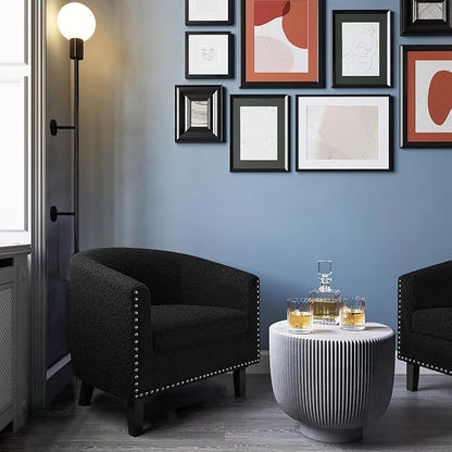 BELLEZE Barrel Chairs Set of 2, Modern Accent Tub Club Chairs Armchairs for Living Room, Upholstered Accent Chairs with Silver Nail Head Trim Black Legs - Kyara (Black/Polyester)