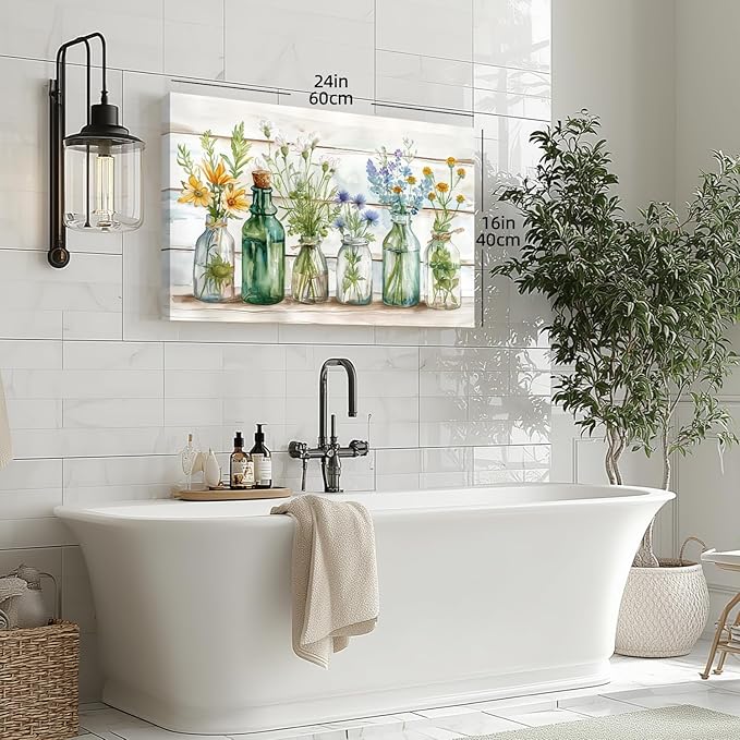 HLXRAE Green Bathroom Wall Art, Vintage Rustic Farmhouse Wall Decor, Watercolor Floral Canvas Painting, Sage Green Plant Aesthetic Picture for Bathroom Laundry Room Decor 16x24 inch