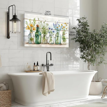 HLXRAE Green Bathroom Wall Art, Vintage Rustic Farmhouse Wall Decor, Watercolor Floral Canvas Painting, Sage Green Plant Aesthetic Picture for Bathroom Laundry Room Decor 12x16 inch