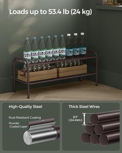 SONGMICS 2-Tier Shoe Organizer, Metal Shelf Storage With 4 Side Hooks, Holds 10 Pairs, Height-Adjustable Rack for Entryway, Hallway, Closet, Easy Assembly, Chestnut Brown