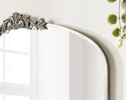 Kate and Laurel Arendahl Ornate Traditional Arched Mirror; 36 x 29; Silver; Decorative Baroque Style Arched Wall Mirror with Wide Frame and Ornamental Crown