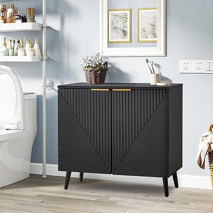 Fluted Storage Cabinet with Doors, Wood Sideboard Buffet Cabinet with Adjustable Shelf, Modern Accent for Living Room, Entryway (Set of 3, Black)