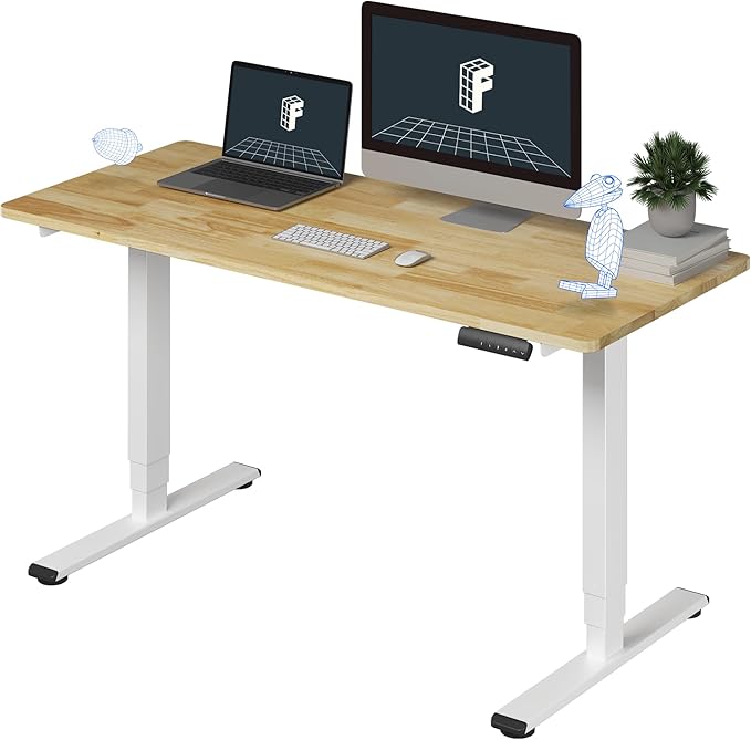 FlexiSpot E6 Solid Wood 3-Stage Dual Motor 55 x 24 Electric Standing Desk, Holds 220 lbs, Adjustable Height w/ Memory Presets, Butcher Block Rubberwood Desktop & White Frame, Ships in 2 Boxes
