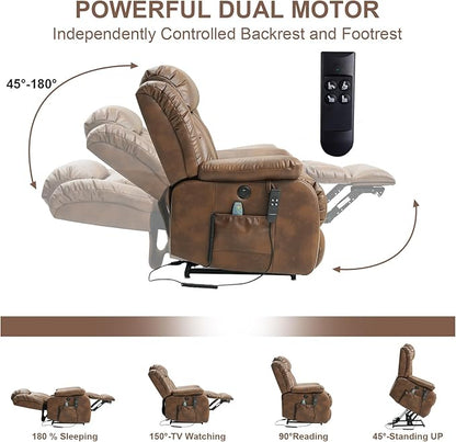 Dual Motor Large Power Lift Recliner Chair for Elderly with Heat and Massage,Lay Flat Lift Chairs Recliners for Seniors Infinite Position,USB Ports&Remote, Leather(Ochre, Medium)