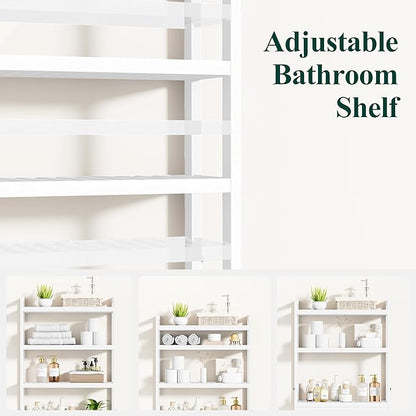 Smiry Over The Toilet Storage Cabinet, 4-Tier Bamboo Bathroom Organizers with Adjustable Shelf & 4 Hooks, Space Saving Shelf Rack for Bathrooms, Laundry Room, Balcony, White