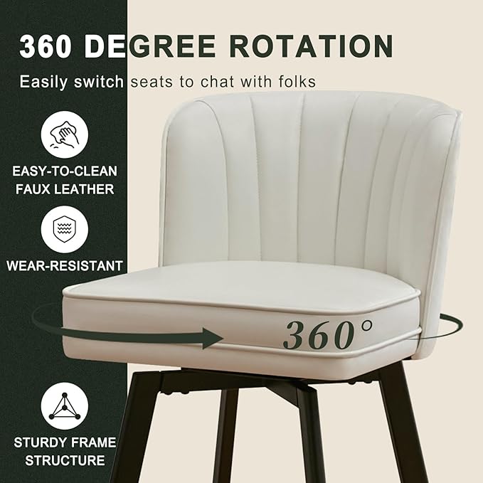 Swivel Counter Height Bar Stools Set of 3, 30'' Modern Barstools with Backs and Metal Legs, Upholstered Bar Chairs, Faux Leather White Stools for Kitchen Island Chairs