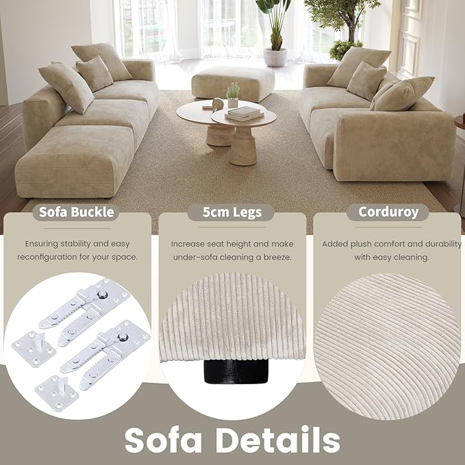 WJShome Cloud Couch Modular Sectional Sofa,102inch Corduroy Couch 2 Seater LoveSofa,Beige Convertible Sectional Sofa for Living Room, Cushion Covers Removable& Washable