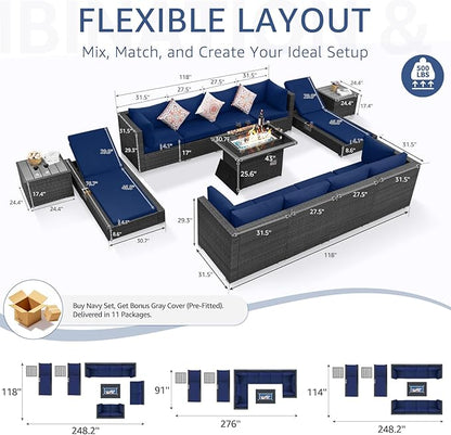 NICESOUL 13 Piece Outside Furniture with Firepit, Extra Large Outdoor Sofa Set with Lounges, Oversized Wicker Patio Sets with Long Fire Pits and Double Chaise, Big 10-Persons Seating Group, Gray&Navy