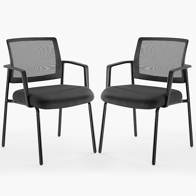 DUMOS Black Stackable Arm Chairs with Mesh Back and Upholstered Fabric, Sturdy Metal Frame, Easy to Store and Use, Perfect for Indoor and Outdoor Spaces, 2 Chair