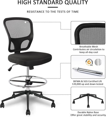Armless Drafting Chair Tall Office Chair Adjustable Height High Back Ergonomic Desk Chair Drafting Stool Rolling Bar Stools Chairs with Footrest and Wheels