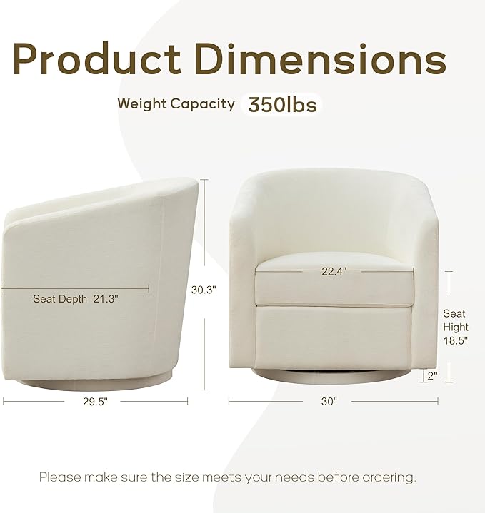 Chenille Swivel Accent Chairs Set of 2, No Assembly Upholstered Armchair, 360° Rotating Barrel Chairs for Living Room, Bedroom, Apartment & Reading Nook (2, Cream White)