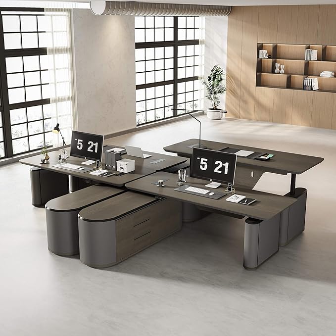 94.5" Reversible L-Shaped Adjustable Height Executive Desk with Oval Storage Cabinet - Black/Brown Standing Desk, Rounded Corners, 3 Drawers & 2 Door Compartments, Flexible Home & Office Workstation