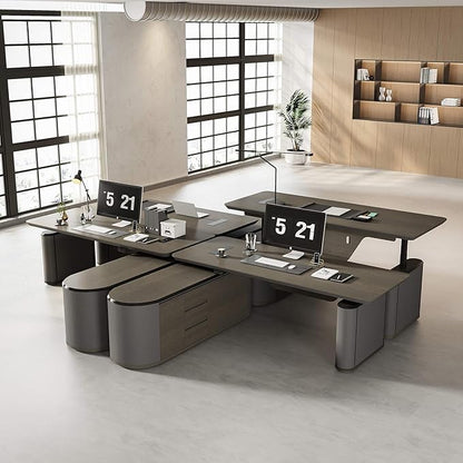 86.6" Reversible L-Shaped Adjustable Height Executive Desk with Oval Storage Cabinet - Black/Brown Standing Desk, Rounded Corners, 3 Drawers & 2 Door Compartments, Flexible Home & Office Workstation