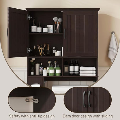Vabches Over The Toilet Storage Cabinet, Farmhouse Storage Cabinet Over Toilet with Barn Door& Toilet Paper Holder Stand，Home Space-Saving Toilet Rack, for Bathroom, Restroom, Laundry.(Walnut)