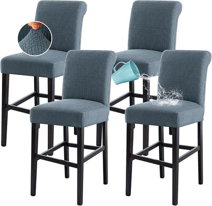 H.VERSAILTEX 100% Waterproof Barstool Covers Slipcovers Washable Counter Stool Pub Chair Slipcover for Dining Room Removable Jacquard Crizzle Pattern Height Stool Seat Covers Set of 4, Stone Blue