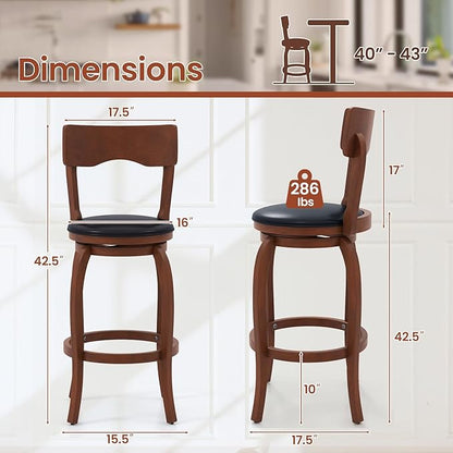 COSTWAY Bar Stools Set of 4, 29 Inch Swivel Bar Height Chairs with Rubber Wood Frame, Upholstered Seat, High Back Barstools for Kitchen Island, Home Bar, Pub, Brown (4, Seat Height: 29”)