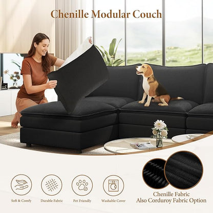 Vesgantti 142" Oversized Sectional Sofa Bed, 8-Seater Modular Sleeper Cloud Couch with Movable Ottoman, Chenille Convertible Sofa Set Deep Seat Couches for Living Room, Bedroom and Apartment, Black