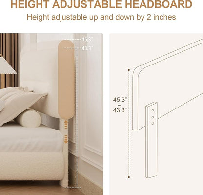 King Size Cloud Bed Frame, Upholstered Boucle Platform Bed with Adjustable Headboard, Anti-Collision Soft Rounded Corners, Noise Free, Easy Assembly, Cream