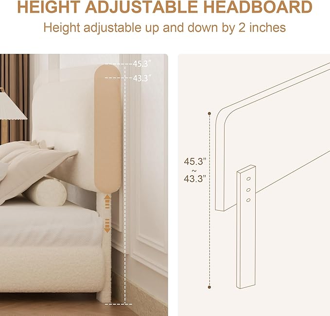 Full Size Cloud Bed Frame, Upholstered Boucle Platform Bed with Adjustable Headboard, Anti-Collision Soft Rounded Corners, Noise Free, Easy Assembly, Cream