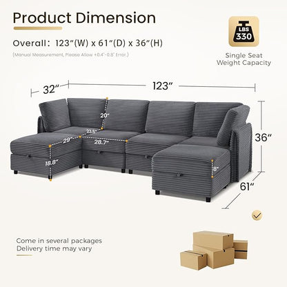 KKL Modular Sectional Sofa U-Shaped 6 Seater Couch with Storage Ottoman, Convertible L-Shaped Plush Wide-Wale Corduroy Couch for Living Room, Apartment, Modern Design, Gray