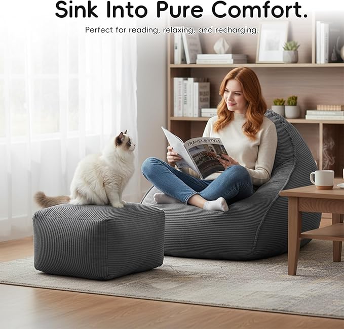 Cloud Bean Bag Chair with Ottoman for Adults, Comfy Corduroy Chaise Lounge Chair with High-Resilience Foam, Oversized Boneless Reading Chair for Bedroom & Living Room