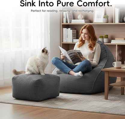 Cloud Bean Bag Chair with Ottoman for Adults, Comfy Corduroy Chaise Lounge Chair with High-Resilience Foam, Oversized Boneless Reading Chair for Bedroom & Living Room (Grey)