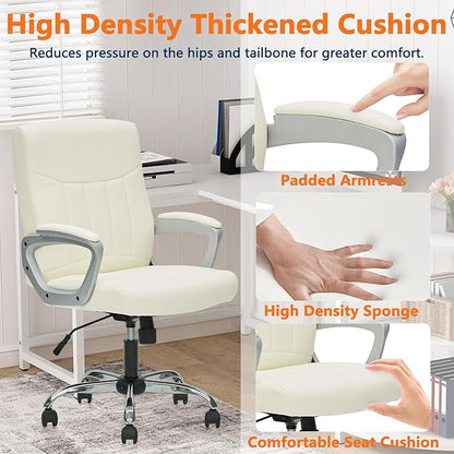 CLATINA Office Computer Desk Chair Executive Mid Back Chair Comfortable Ergonomic Managerial Chair Adjustable PU Leather Home Office Desk Chair Swivel, White 1PK