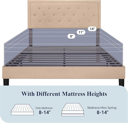 Allewie Full Size Button Tufted/Fabric Upholstered Bed Frame with Adjustable Headboard/Wood Slat Support/Mattress Foundation/Beige