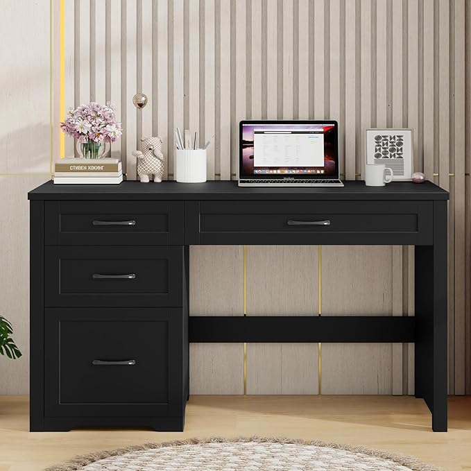 Vabches Farmhouse 47" Executive Desk with File Drawer, Wood Computer Desk with 3 Storage Drawers, Workstation for Home Office, Study, Writing(Black)