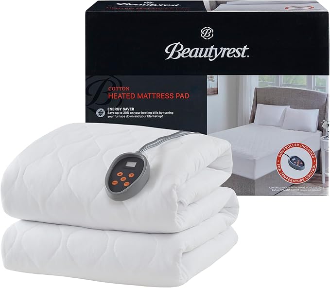 Beautyrest Cotton Heated Mattress Pad - Bed Warmer with 20 Heat Settings Controller, Auto Shut Off Timer, All Around Elastic Deep Pocket, UL Certified, Machine Washable, White Full