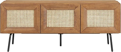 NTC Mossic TV Media Cabinet with 3 Doors for TVs, Entertainment Center with Natural Rattan, Metal Legs, Modern Storage Console for Living Room and Bedroom, Effortless Assembly, Teak Look