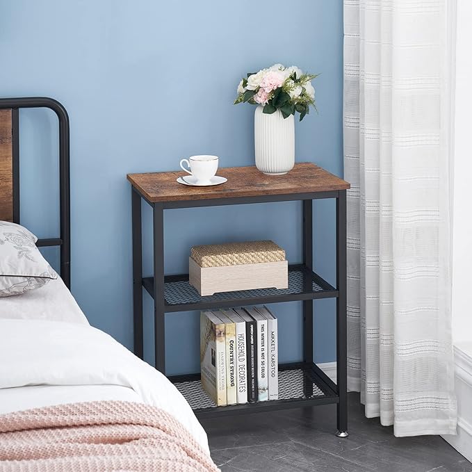 VECELO Tall End Side Tables,30" Height Nightstand with 3-Tier Storage Shelf for Bedroom Living Room, Easy Assembly,Industrial Style, Brown