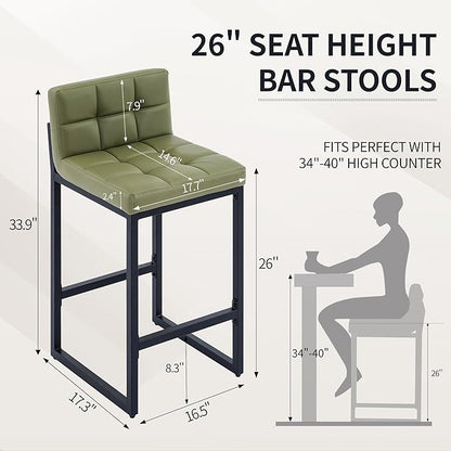 Counter Height Bar Stools Set of 2, Modern Faux Leather Counter Stools with Low Back and Footrest, Upholstered Bar Chairs for Kitchen Island, Bar, Counter (Avocado Green, 2Pcs 26" Bar Stools)