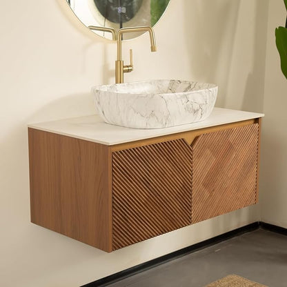 Floating Bathroom Vanity with Sink, 36 Inch Fluted Vanity with Vessel Sink, Modern Bathroom Vanity Cabinet with 2 Doors, Oval Marble Vessel Ceramic Sink & Sintered Stone Top, Oak