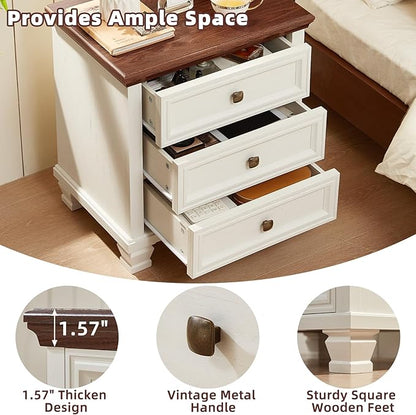 Farmhouse Nightstand with 3 Drawers, Rustic Couch End Table with 4 Square Solid Wood Legs, Mid-Century Modern Bed Side Table with Storage, Small Dresser for Bedroom, Living Room, White
