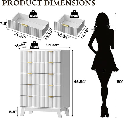 46" Tall Dresser for Bedroom, 6-Drawer Fluted Chest of Drawers, Modern Wood Highboy with Deep Storage, Metal Slides and Handles, Anti-Tip Kit, Vertical Clothes Organizer for Apartment, Nursery