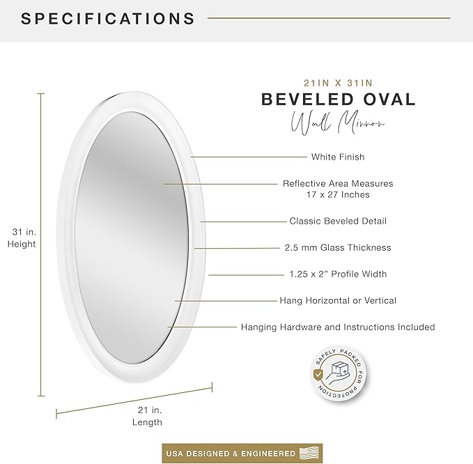 MCS 21x31 Large Wall Mirror, Classic White Oval Mirror, Vertical & Horizontal Wall Hanging Mirror for Bathroom, Bedroom & Livingroom