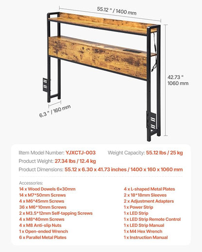 VEVOR Headboard for Full Size Bed, Adjustable Height Headboard with 2 Shelves Storage, Freestanding Head Board with Charging Station and LED Light for Different Bed Frames, Easy Assembly, Brown
