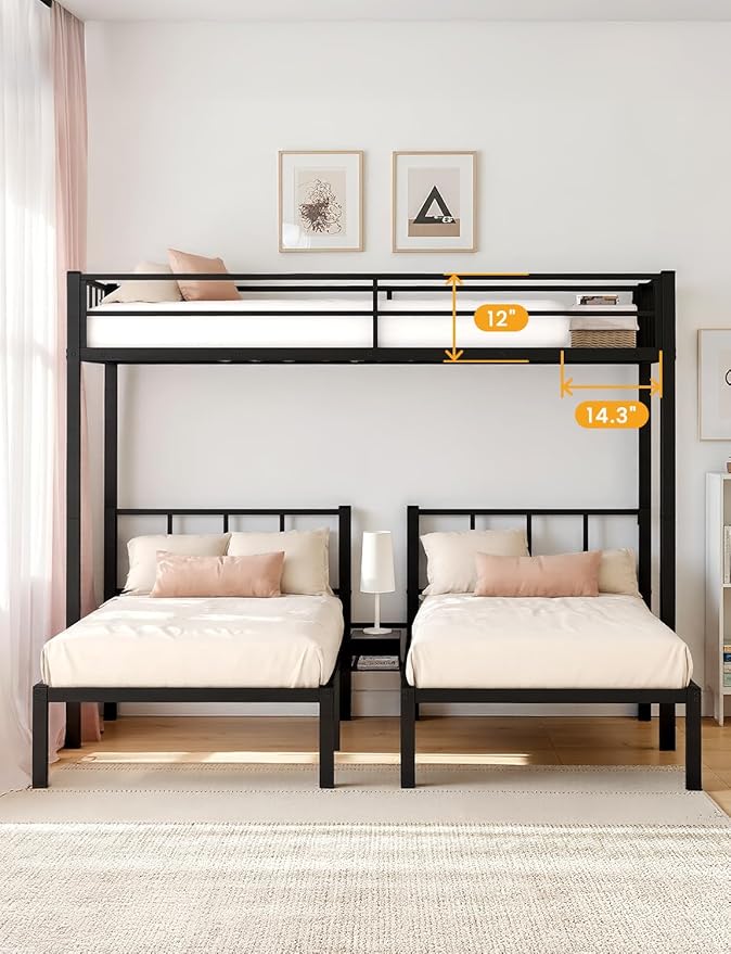 Heavy Duty Triple Bunk Bed, Twin Over Twin Over Twin with Guardrails and Ladder, Metal Bunk Bed for 3, 3 Bed Teens and Adults, No Box Spring Needed, Black