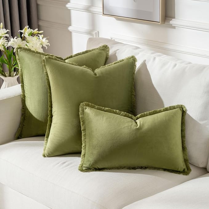 FUTEI Sage Green Velvet Decorative Throw Pillow Covers 24x24 Set of 2,Soft Cozy Edge with Tassels European Cushion Case,Boho Modern Home Decor for Couch Bed Living Room