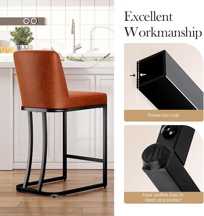 Sophia & William Counter Height 24" Bar Stools Set of 2 for Kitchen Island,Modern PU Leather Bar Stools with Backrest,Upholstered Counter Stools Sturdy Chromed Metal Frame,Brown