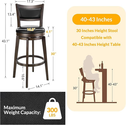 PrimeZone Swivel Bar Stools Set of 2, 30 Inch Bar Height Barstools, Black Faux Leather Bar Stool with High Backrest & Solid Wood Legs & Wrap-Around Footrest, Counter Stools for Kitchen Island, Pub