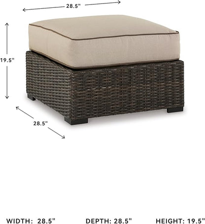Signature Design by Ashley Coastline Bay Outdoor Patio Nuvella Weather Resistant Fabric, Resin Wicker Ottoman with Cushion, Beige & Dark Brown
