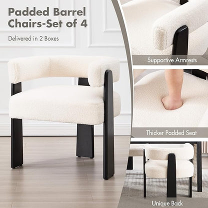 Modern Boho Dining Chairs Set of 4, White Boucle Upholstered Barrel Armchairs with Plush Teddy Fabric, Solid Black Wooden Legs, Mid-Century Accent Chairs for Dining Room, Living Room, Kitchen