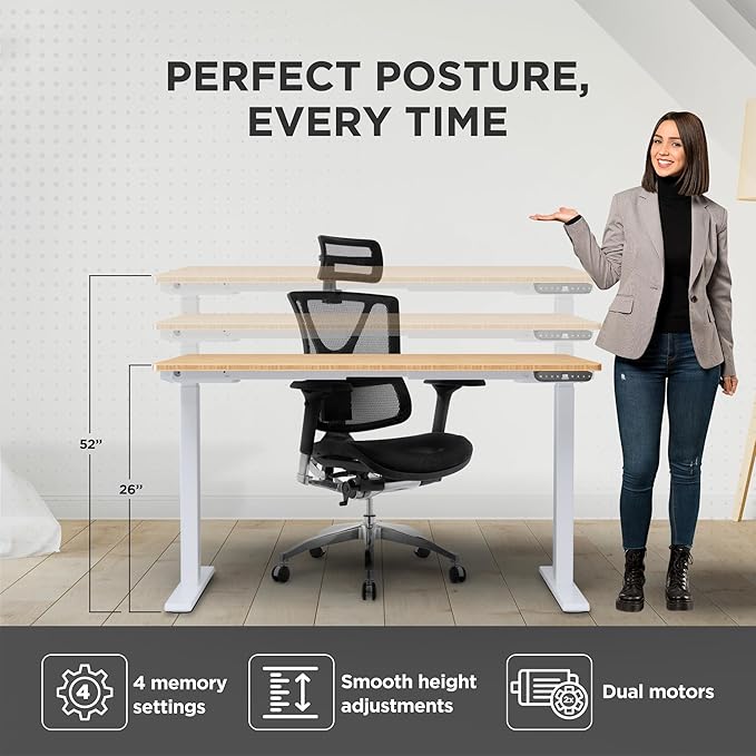 Rise Up Electric Standing Desk Adjustable Height 24-49" Dual Motor One Piece 60x30 Bamboo Large Standing Desk, Sit Stand Desk Rising Desk Home Office