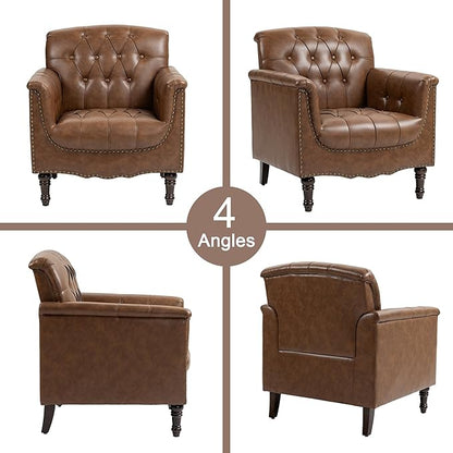 Lumibee Faux Leather Armchairs, Contemporary Accent Chairs Set of 2 with Nailhead Trims & Wood Legs for Living Room, Upholstered Comfy Arm Chairs for Office,Bedroom-Brown