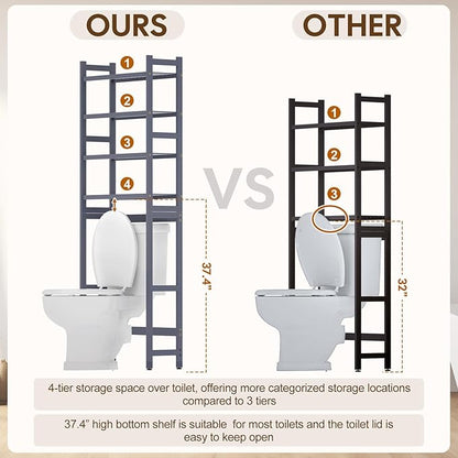Over The Toilet Storage with 2 Baskets, 4-Tier Bamboo Organizer Rack with Paper Holder & 4 Hooks & Waterproof Feet Pad,Freestanding Shelf for Bathroom(Grey)